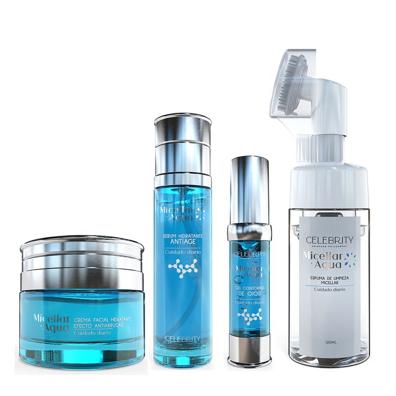 Kit-Facial-Espuma-Micellar-x120ml---Gel-Contorno-Ojos-x20g---Serum-Antiage-x120ml---Crema-Antiarrugas-x50g-Celebrity