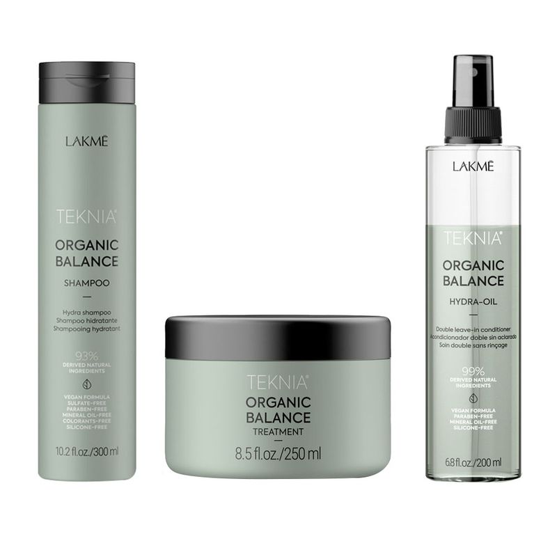 Pack-Hidratante-Chico-Shampoo---Tratamiento---Spray-Organic-Balance-Teknia-Lakme