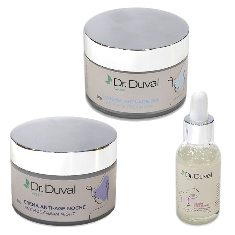 Kit-Vegano-Crema-Dia-x50g---Crema-Noche-x50g-Anti-Age---Serum-Hidronutrix-x30ml-Dr-Duval