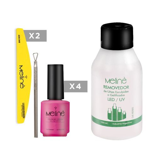Set 4 Esmaltes Semipermanente + Removedor + Instrumento Removedor + Lima Meliné