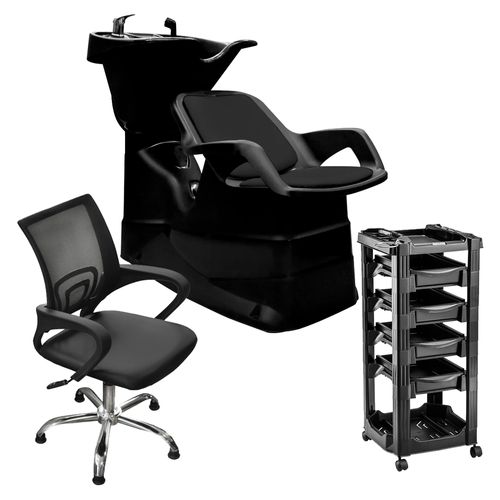 Combo Lavacabeza Champ Negro 1885 + Sillón de Corte a Gas Day Luxury TeknikStyle + Módulo Ayudante 4 Cajones Vegas