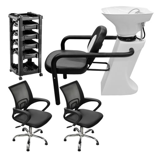 Combo Lavacabezas Blanco y Negro FG + 2 Sillones de Corte a Gas Day Luxury TeknikStyle + Módulo Ayudante 4 Cajones Vegas Dompel