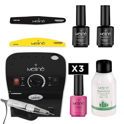 Torno Supreme Drill Meline + Set 3 Esmaltes Semipermanente + Base + Top + Accesorios Meliné