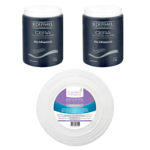 2 Kg de Cera Depilatoria Templada Alta Adherencia Depimiel + Bandas Depilatorias
