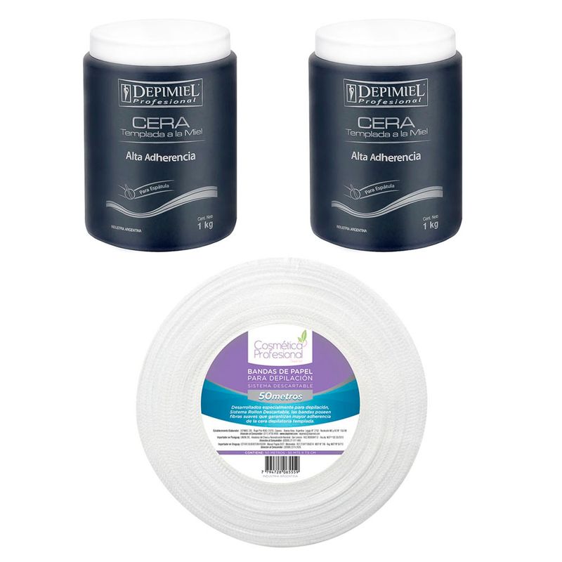 2 Kg de Cera Depilatoria Templada Alta Adherencia Depimiel + Bandas Depilatorias