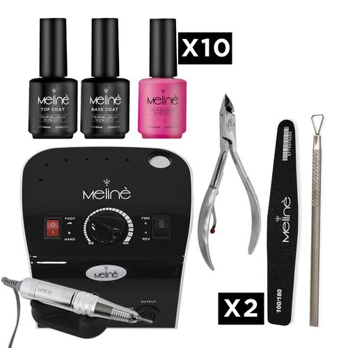 Torno Supreme Drill + 10 Esmaltes Semipermanente Meline + Base + Top + Alicate + Instrumento Removedor + Lima