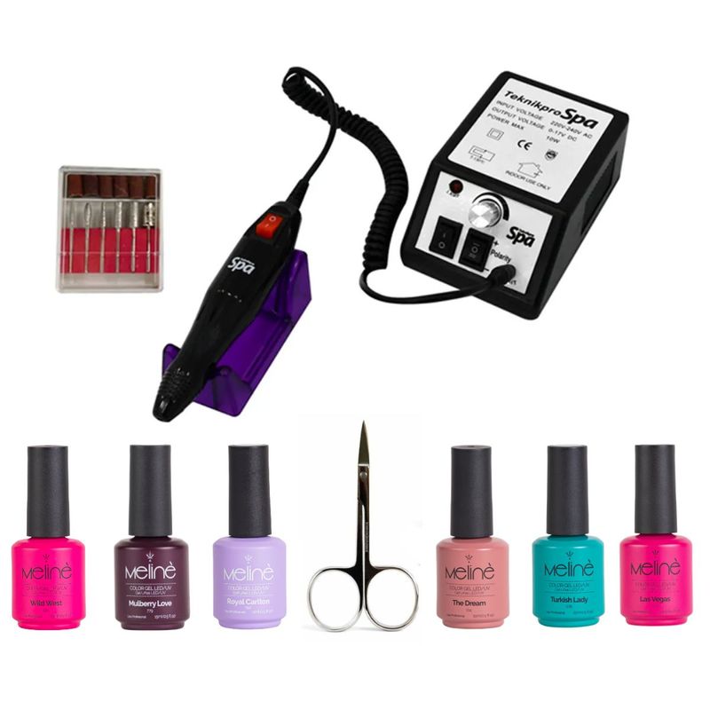 6 Esmaltes Semipermanentes Meline + Torno Student Drill + Repujador de cutículas doble E-K
