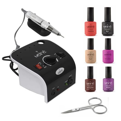 Torno Supreme Drill + 6 Esmaltes semipermanentes Meliné + Repujador de cutículas doble E-K