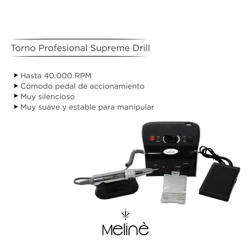 Torno Supreme Drill + 6 Esmaltes semipermanentes Meliné + Repujador de cutículas doble E-K