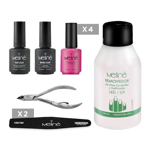 Set 4 Esmaltes Semipermanente + Base + Top + Alicate + Removedor + Lima Meliné